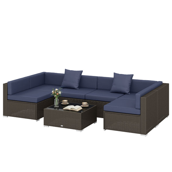 Ensemble de jardin 7 pièces en résine tressée avec table basse, canapé d'angle en rotin, bleu marine