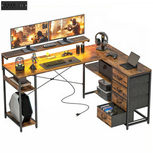 Gaming Desk with Power Outlets LED Lights Computer Desk with Drawers Monitor Stand 61" Rustic Brown