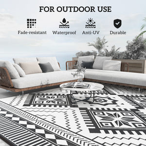 Tapis d'extérieur 9' x 12' pour camping-car, tapis de sol réversible avec sac de transport, motif losange dentelé, blanc et noir