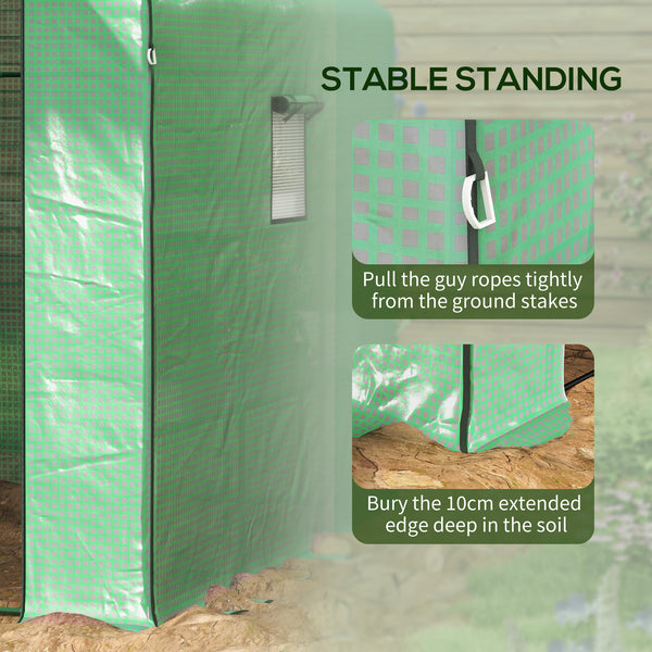 Three-tier garden greenhouse with roll-up door and screened windows, green