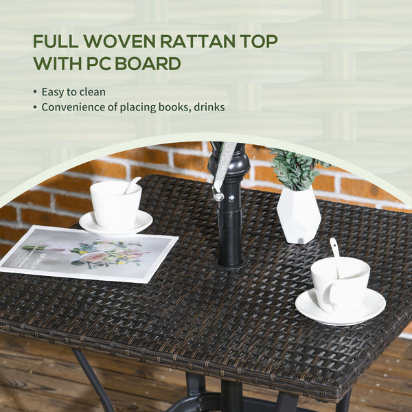 Table basse d'extérieur en résine tressée avec trou pour parasol, marron