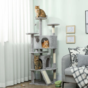 Arbre à chat 137 cm (54 po), tour à plusieurs niveaux avec griffoirs, niches, couchage, plateformes, rampe et balle, gris clair