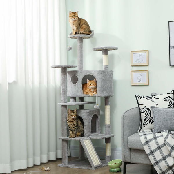 Arbre à chat 137 cm (54 po), tour à plusieurs niveaux avec griffoirs, niches, couchage, plateformes, rampe et balle, gris clair