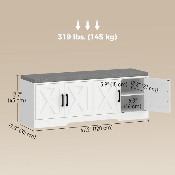 Banc à chaussures avec coussin, portes et étagères réglables pour entrée, blanc