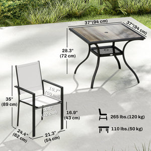 5-piece outdoor dining set, including a table and 4 stackable chairs with a parasol hole and shelf.