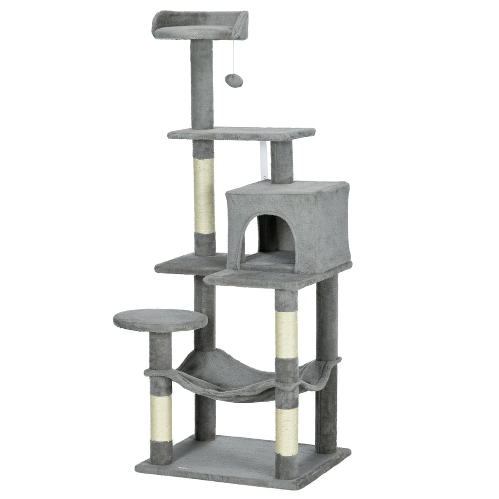 Large 142cm Multi-Level Cat Tree with Hammock, Basket &amp; Sisal Scratching Posts, Grey