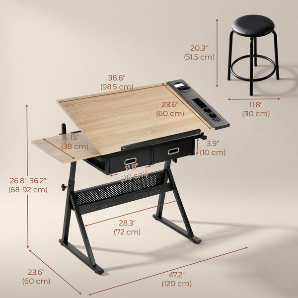 Table à dessin réglable avec tabouret et tiroirs de rangement pour la peinture, chêne