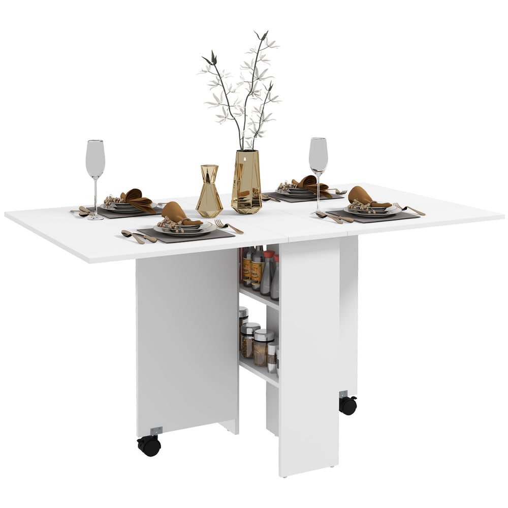 Folding dining table for small spaces with storage shelves, white