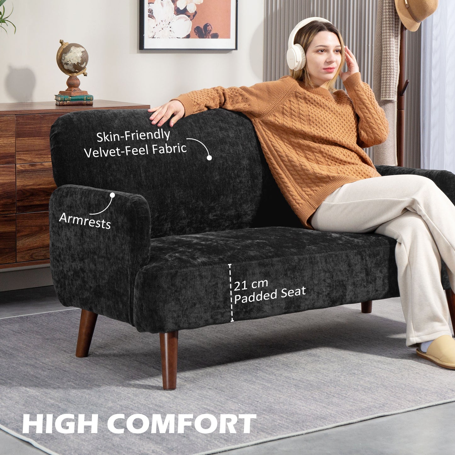 HOMCOM 2-seater sofa in velvet fabric, small loveseat sofa with 21 cm thick padding and wooden legs, black