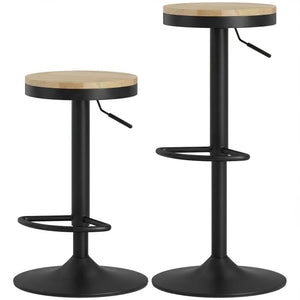 Ensemble de 2 tabourets de bar en bois, pivotants et réglables en hauteur, bois naturel et noir.