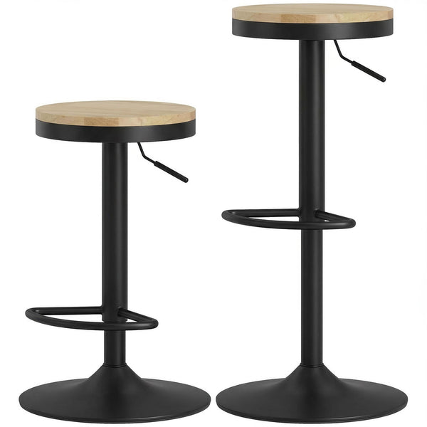 Ensemble de 2 tabourets de bar en bois, pivotants et réglables en hauteur, bois naturel et noir.