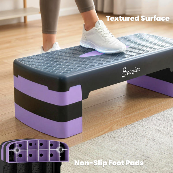 Plateforme de step aérobique réglable en hauteur (4", 6"/8"), avec rehausseurs, violet