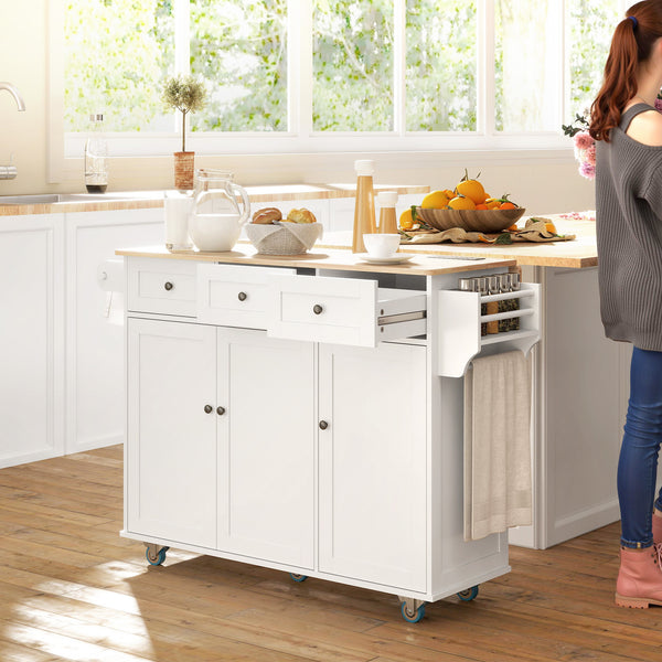 Îlot de cuisine mobile blanc avec comptoir rabattable, prises électriques et 3 tiroirs