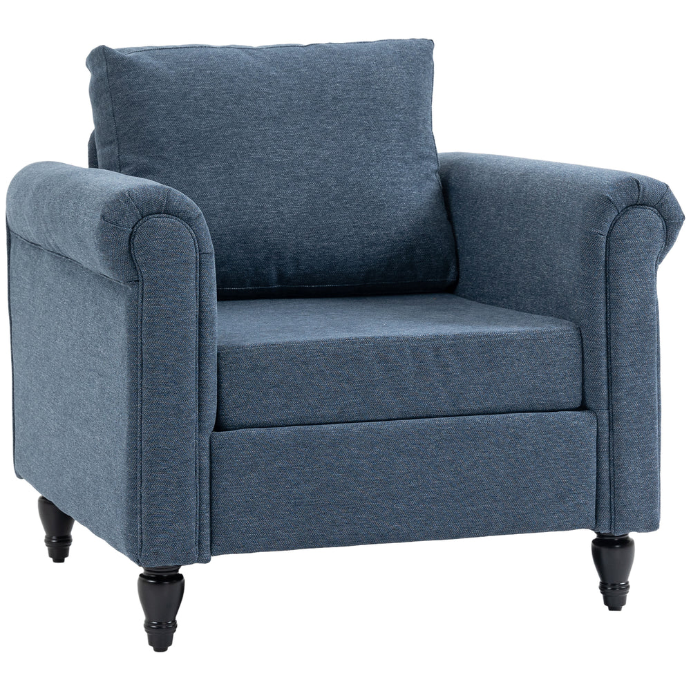 Fauteuil d’appoint rembourré bleu foncé avec accoudoirs roulés et pieds en bois d’hévéa sculptés en forme de gourde, idéal pour salon ou chambre élégante