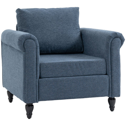 Fauteuil d'appoint rembourré avec accoudoirs roulés, pieds en bois d'hévéa en forme de gourde, bleu foncé