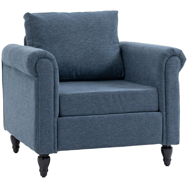 Fauteuil d'appoint rembourré avec accoudoirs roulés et pieds en bois d'hévéa, bleu foncé