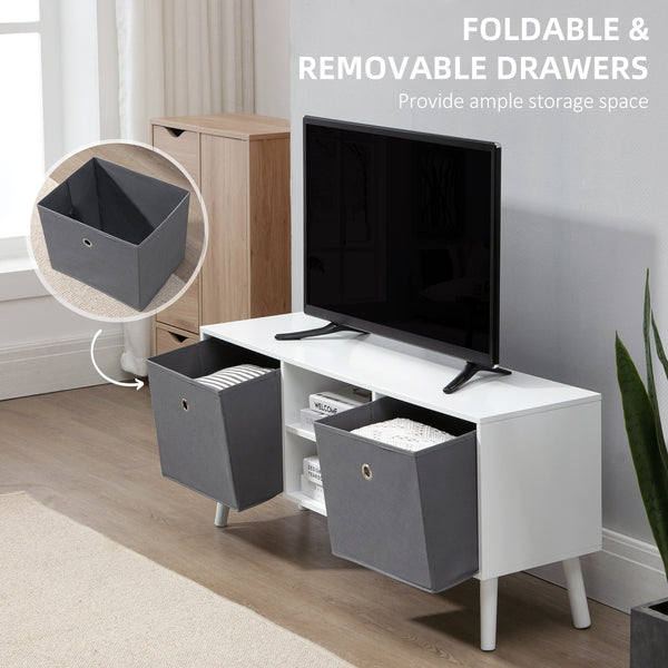 Meuble TV moderne avec tiroirs et étagères pliables, blanc