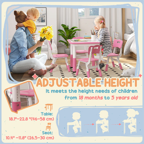Ensemble table et chaises 5 pièces pour tout-petits à hauteur réglable, rose