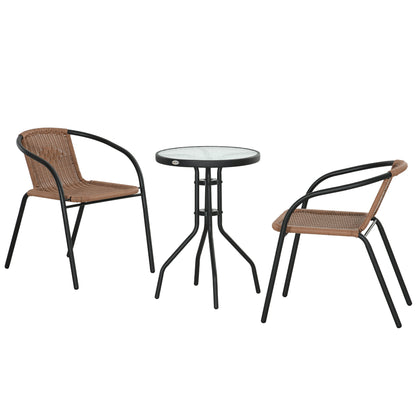 Outsunny 3-Piece Wicker Outdoor Furniture Set with 2 Stacking Chairs and Tempered Glass Coffee Table for Garden Backyard, Brown
