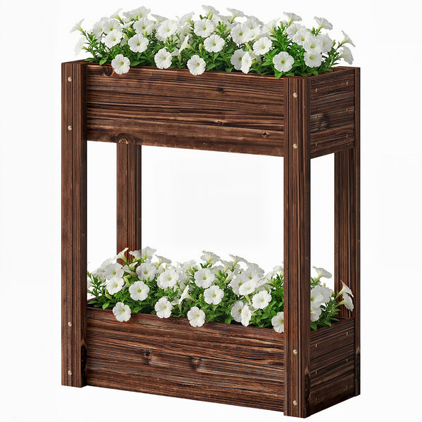 2-Tier Wooden Raised Planter Box with Legs, 60 x 25 x 70 cm, with Drainage Holes and Bed Liner.