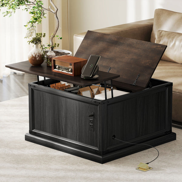 Coffee table with lift-top and charging station in country style, black wood look.