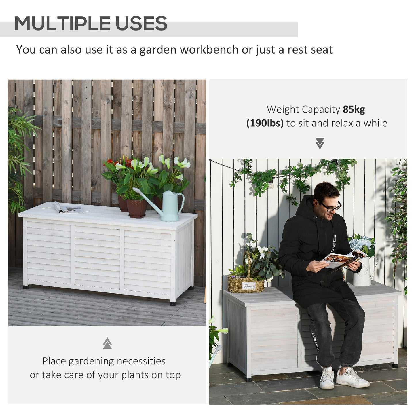 Coffre de rangement en bois Outsunny de 75 gallons pour terrasse, banc, jardin, arrière-cour, extérieur, avec fente d'aération et finition résistante aux intempéries, blanc