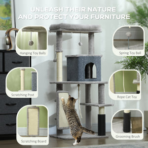 Arbre à chat de 132 cm avec griffoirs, panier, niche, brosse de toilettage, gris