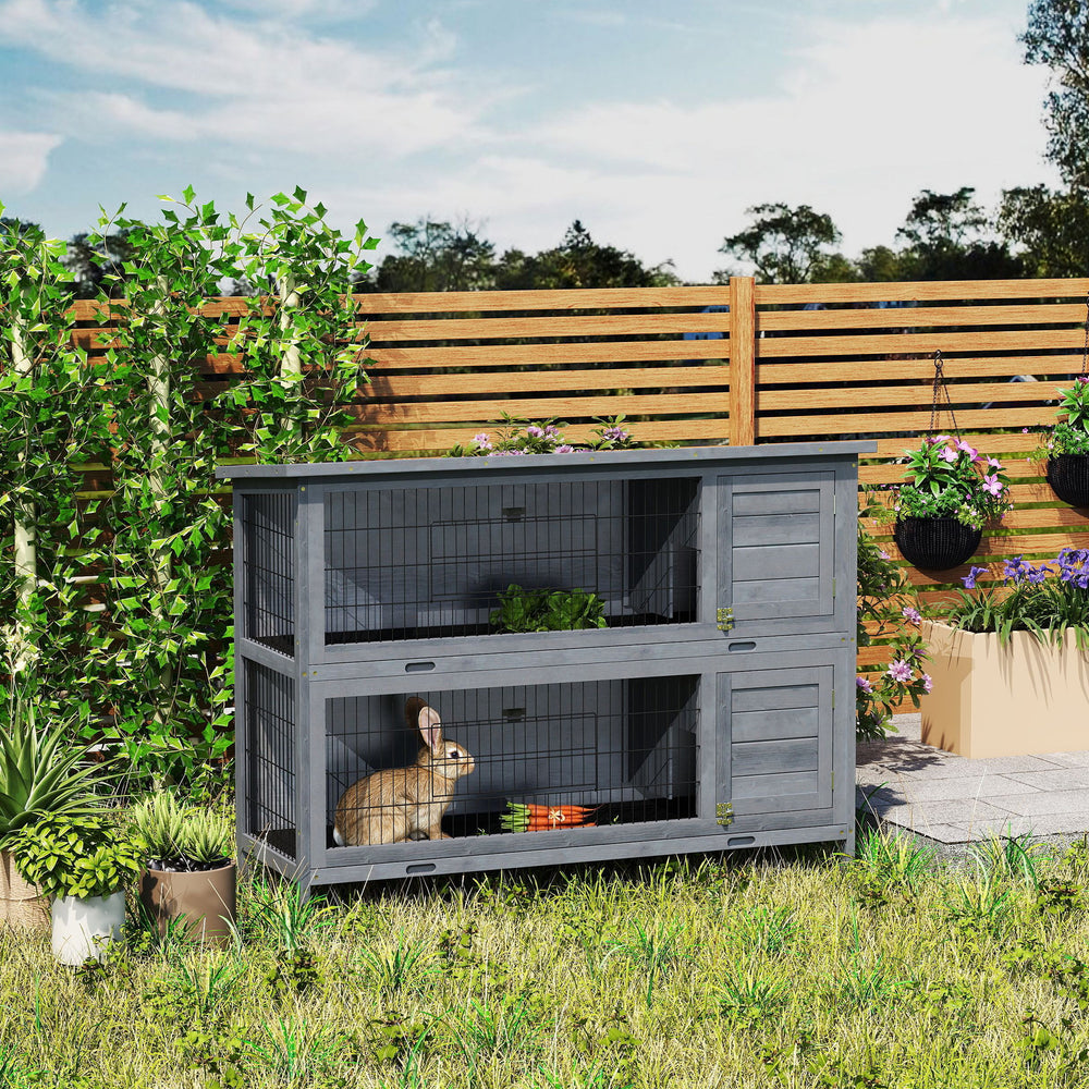 Clapier en bois à 2 niveaux pour lapins, gris