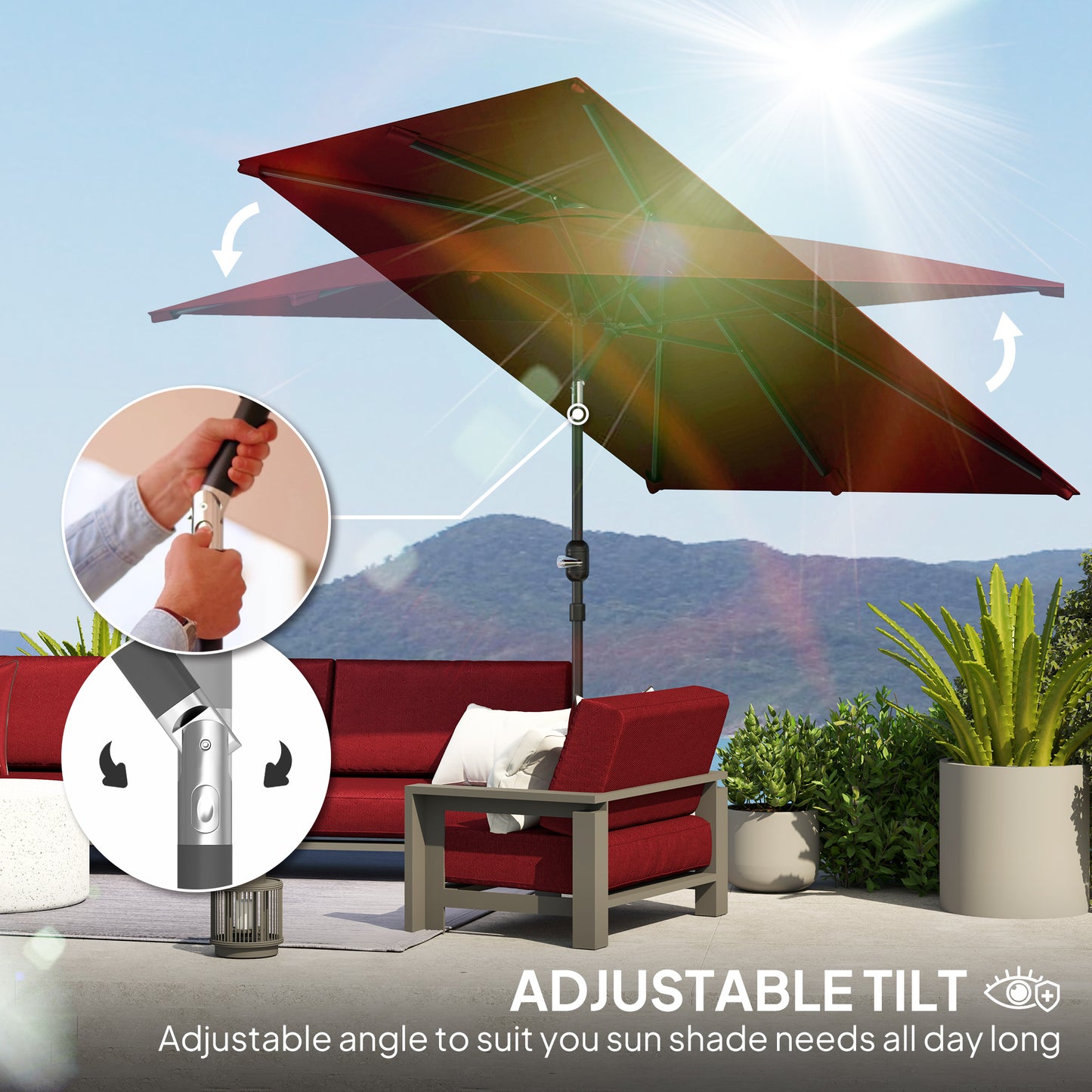 Outsunny 2 x 3 m Rectangular Tilting Aluminum Garden Parasol, Garden Umbrella, Outdoor Umbrella with Crank, Wine Red