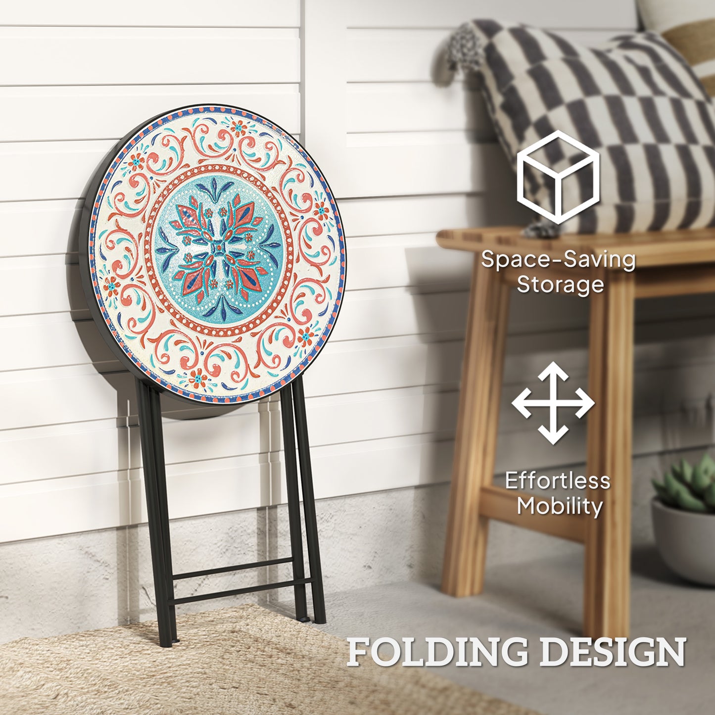Outsunny Mosaic Outdoor Side Table, 14" Round Folding Coffee Table with Steel Frame for Balcony, Patio, Assorted Colors