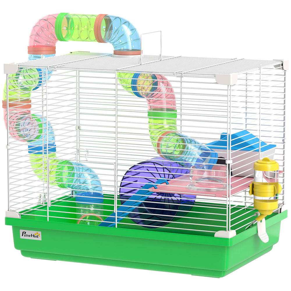 Cage à 2 niveaux avec tunnel pour petits rongeurs, verte