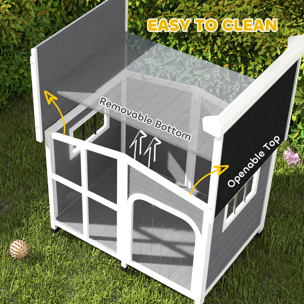 Wooden Dog House, Raised Pet Kennel with Removable Bottom, Openable Asphalt Roof, Door Curtain, Side Windows, Dark Grey
