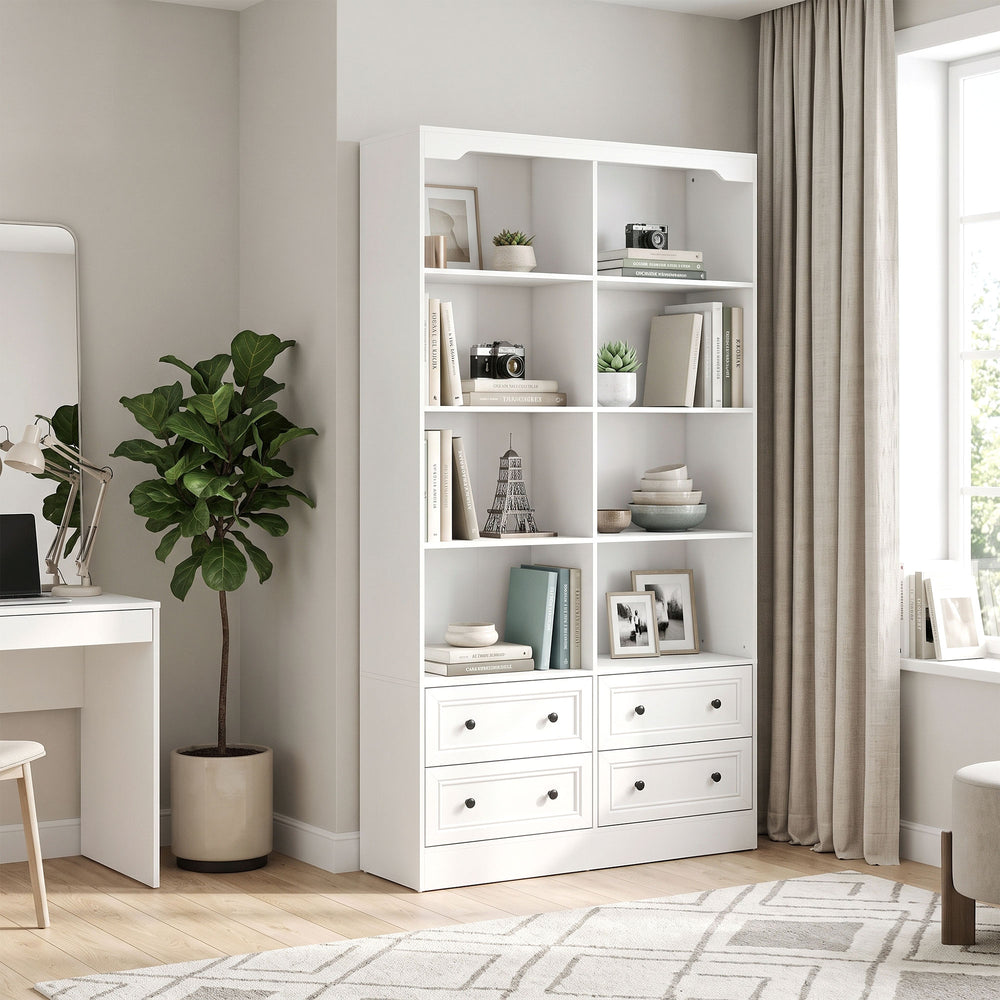 71" White Bookcase with 8 Cubbies and 4 Drawers