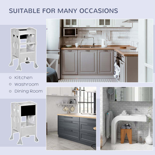 Tabouret de cuisine pliable pour tout-petits avec tableau noir et rampe verrouillable, Gris