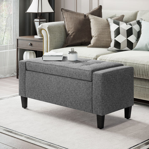 Banc ottoman de rangement capitonné en tissu toucher lin avec plateau rabattable, gris