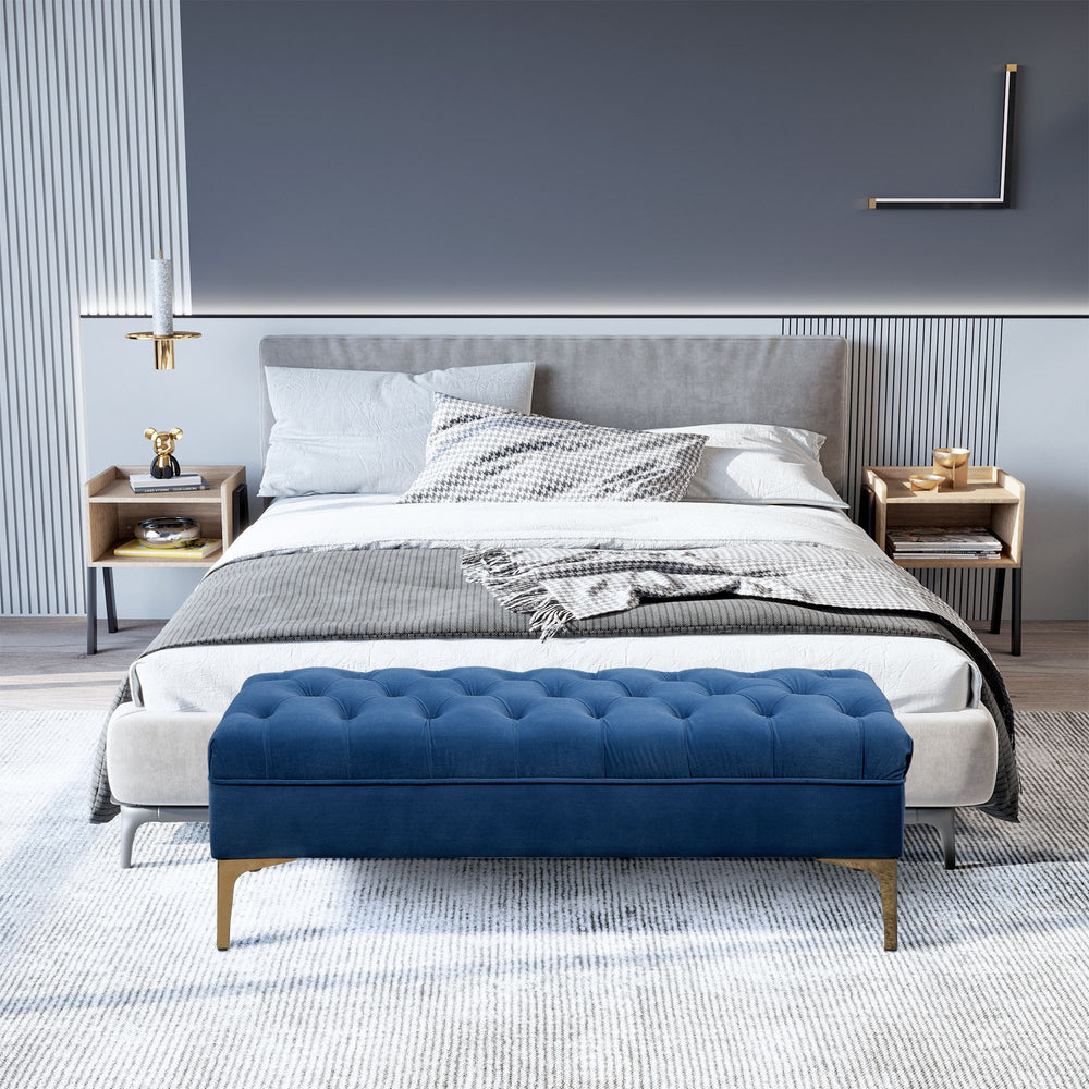 Banc de chevet rembourré avec capitonnage à boutons, bleu