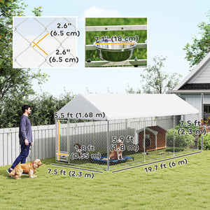 Outdoor Dog Run with Adjustable & Rotatable Bowls, Waterproof UV-Resistant Cover, Escape-Proof Lock, 19.7' x 7.5' x 7.5'