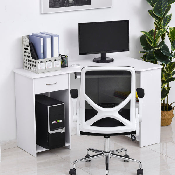 Bureau en L avec plateau pour clavier pour petit espace avec étagères, blanc