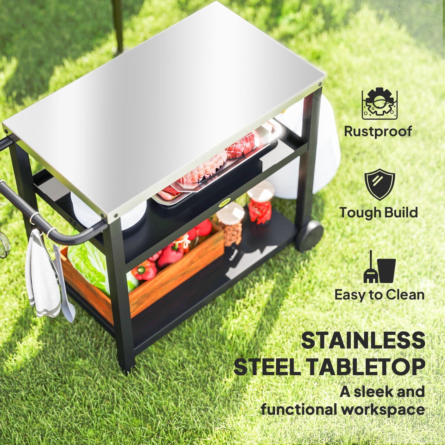 Outsunny 3-Shelf Outdoor Kitchen Cart, Pizza Oven, Stainless Steel Top, Mobile BBQ Food Prep Table, Outdoor Kitchen Island with Hooks, Casters and Handle, Charcoal Grey 