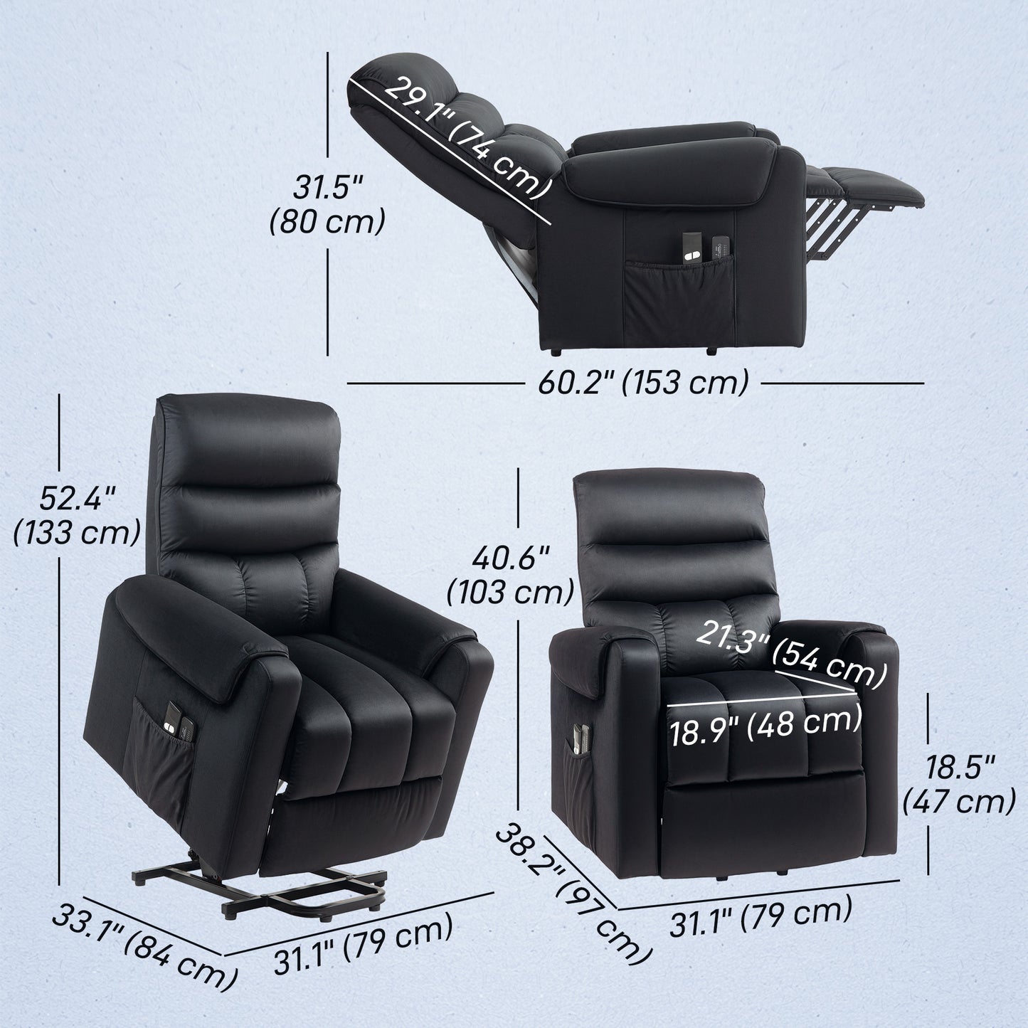 Lift chair for the elderly, massage recliner with 8 vibration points, footrest, remote control, side pockets, black