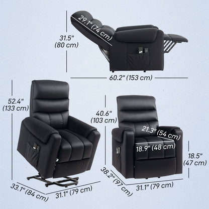Lift chair for the elderly, massage recliner with 8 vibration points, footrest, remote control, side pockets, black