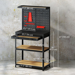 Sturdy metal workbench with 2 lower shelves and a large drawer, black