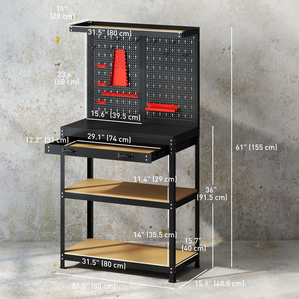 Sturdy metal workbench with 2 lower shelves and a large drawer, black