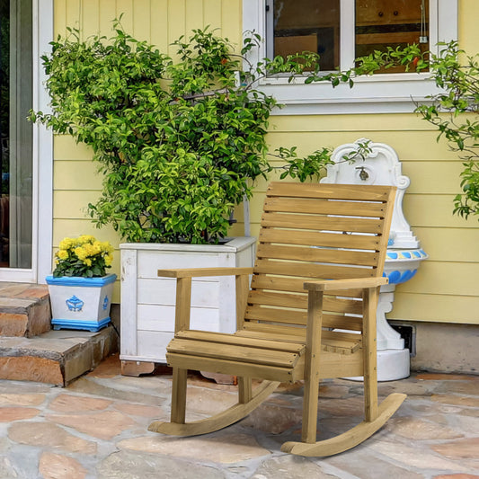 Fauteuil à bascule en bois, structure à lattes avec accoudoirs, pour l'extérieur et l'intérieur, marron clair