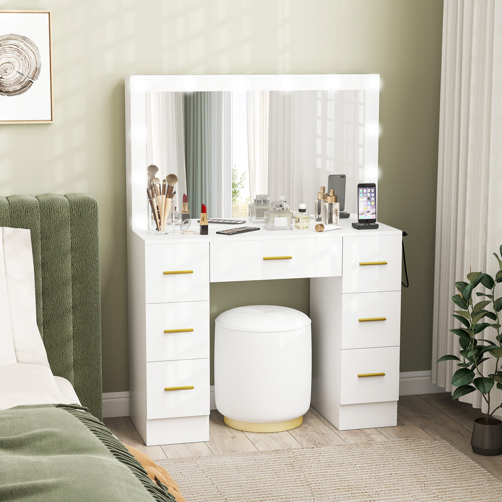 Coiffeuse avec éclairage, 7 tiroirs et 6 compartiments de rangement, blanche