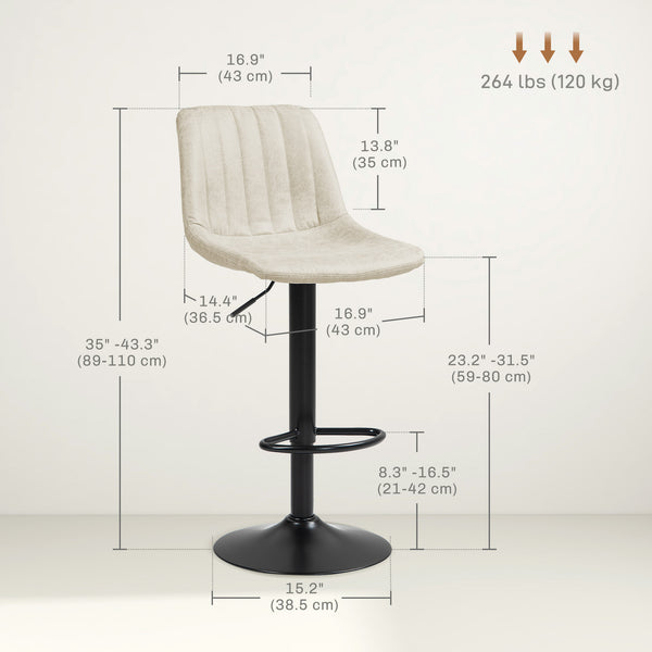 Set of 2 height-adjustable leather bar stools with swivel seats, cream white