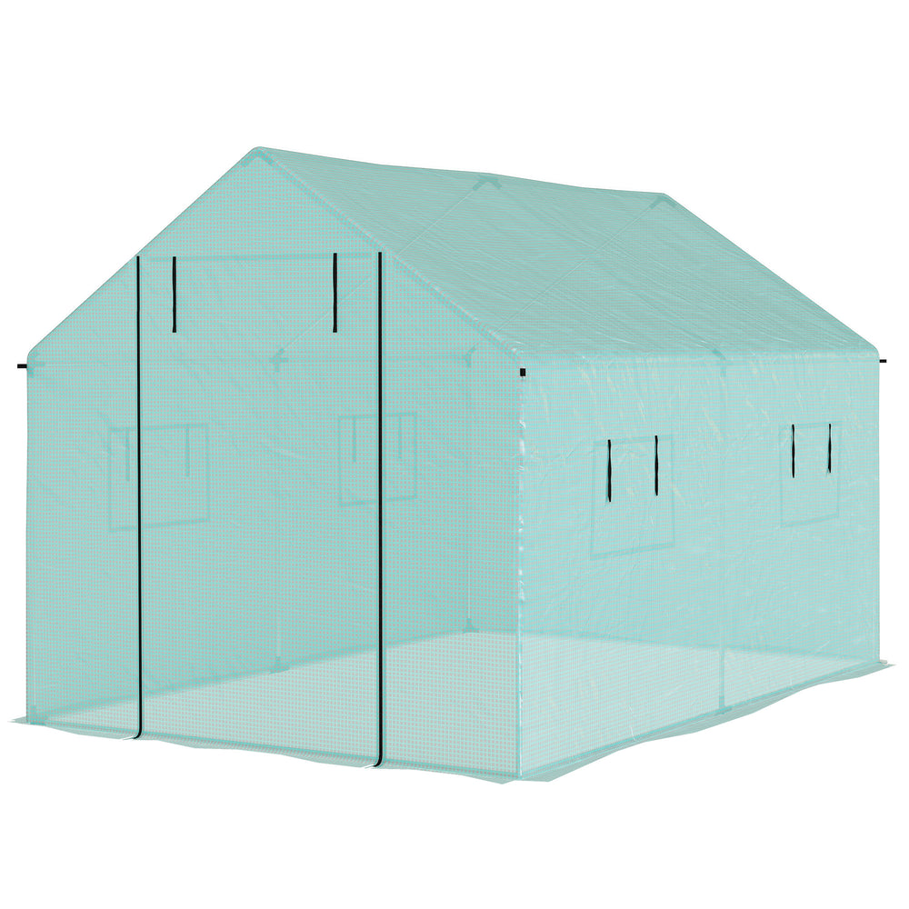 UV and wind resistant tunnel greenhouse with mesh door and windows, green