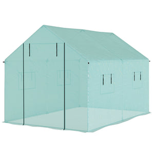 UV and wind resistant tunnel greenhouse with mesh door and windows, green