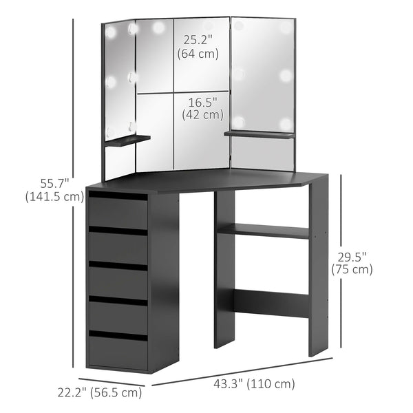 Coiffeuse avec miroir à 3 panneaux et 10 lumières LED, noire