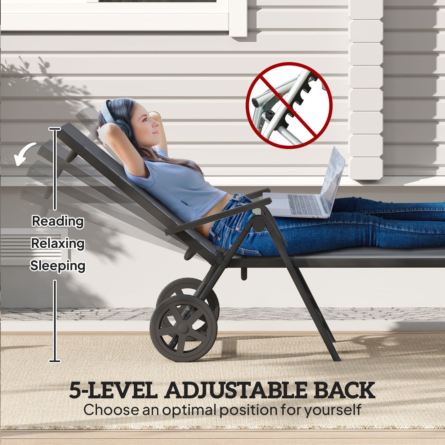 Outsunny Outdoor Lounge Chair, 5-Level Adjustable Folding Chaise Chair with 2 Wheels for Backyard, Beach, Poolside, Gray |